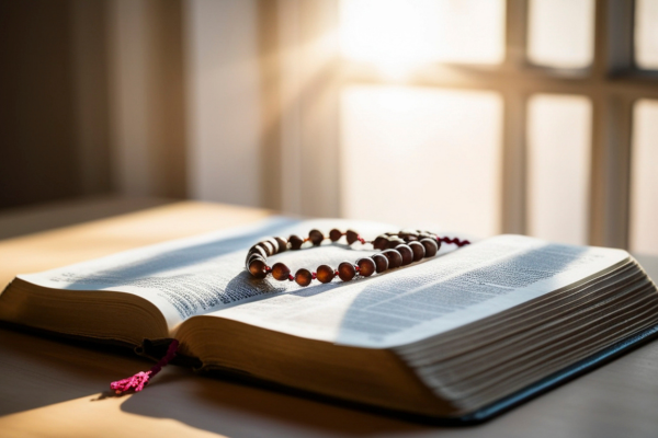 open bible, rosary in sunlight symbolizing religious trauma
